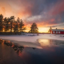 winter, lake, viewes, Home, trees, Norway, Ringerike, Great Sunsets