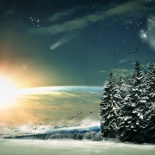 winter, landscape, sun, moon, emerging