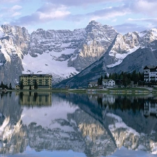 Mountains, buildings, winter, lake