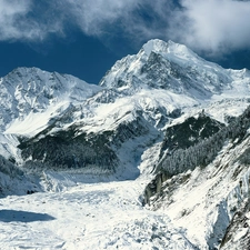 Mountains, forest, winter, clouds