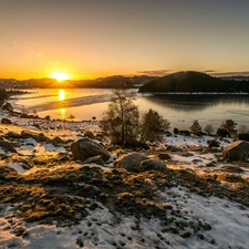 River, sun, winter, The setting