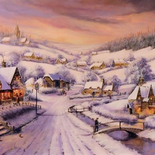 Way, forest, winter, Houses