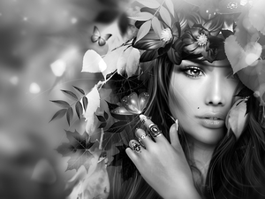 Leaf, 2D Graphics, Black and white, rings, Women