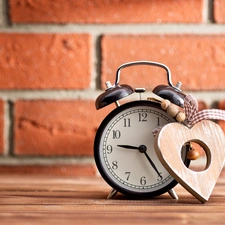 wood, alarm clock, wall, Pendant, composition, Heart teddybear, brick