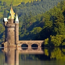 woods, autumn, Castle, Mountains, lake