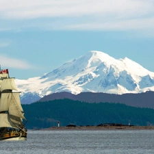 woods, Canada, lake, Mountains, sailing vessel