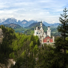 Castle, Mountains, woods, Neuschwanstein