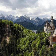 Castle, Mountains, woods, Neuschwanstein