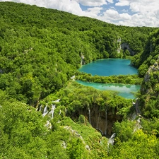 waterfalls, Plitvice Lakes National Park, lakes, trees, clouds, Coartia, woods, green, viewes