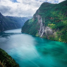 fjord, Norway, waterfall, woods, Geirangerfjord, Mountains