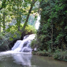 River, mountains, woods, waterfall