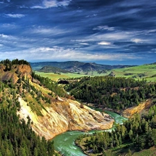 woods, Sky, canyon, Mountains, River