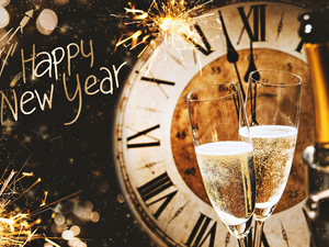 New Year, Champagne, glasses, Clock