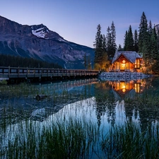 rushes, reflection, trees, reflection, house, viewes, Mountains, Yoho National Park, Canada, bridge, Emerald Lake, lake