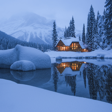 clouds, Fog, house, trees, snow, winter, Mountains, Yoho National Park, Canada, viewes, Emerald Lake, lake