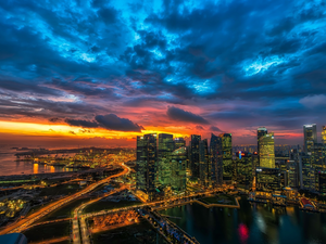 skyscrapers, Manhattan, Great Sunsets, illuminated, New York, roads, The United States