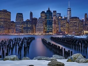 Manhattan, skyscrapers, winter, sea, Night, New York, The United States, Gulf