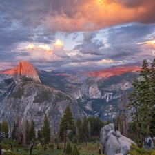 State of California, The United States, Yosemite National Park, trees, Sierra Nevada, clouds, Rocky, Mountains, viewes