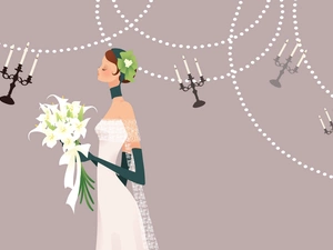 lady, bouquet, candlesticks, young